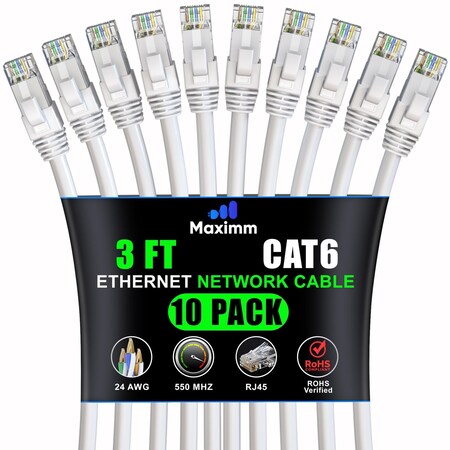 Maximm Cat6 Ethernet Cable 3ft 10Gbps 550MHz UTP, 10PK, White, 10PK CAT6CCA-3WH-10PK