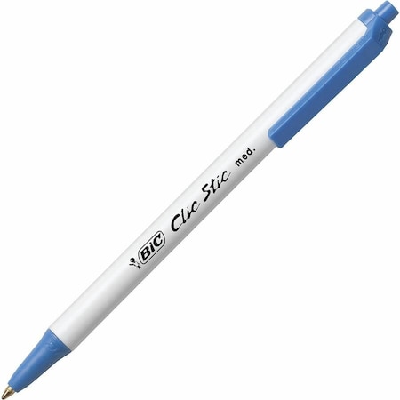 Bic Clic Stic Ballpoint Retractable Pen, Medium, White Barrel, Blue Ink, Dozen CSM11BE
