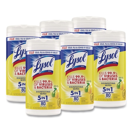 Lysol Disinfecting Wipes, 1-Ply, 7 x 7.25, Lemon and Lime Blossom, White, 80 Wipes/Canister, PK6 19200-77182