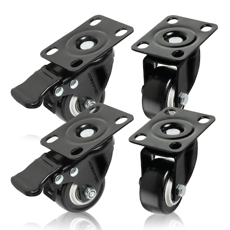 Powertec 2in Caster Wheels Set, 2 w/ Brake, 350 lbs Cap. 360° Swivel, Plate Mounted, PU Castor Wheels 17219