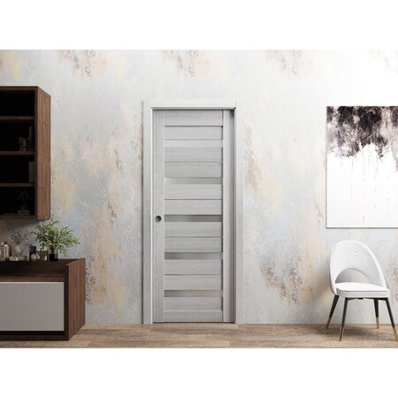 Sartodoors Sliding French Pocket Door 18 x 80in, Light Grey Oak W/ Frosted Glass, Kit Trims Rail Hardware QUADRO4445PD-OAK-18