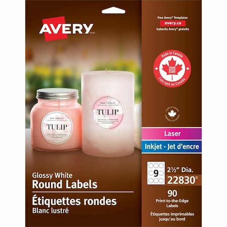Avery Dennison Avery, ROUND PRINT-TO-THE EDGE LABELS WITH SUREFEED, 2.5in DIA, GLOSSY WHITE, 90PK 22830
