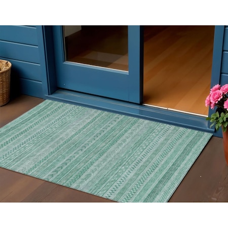 Homeroots 3' X 5' Turquoise And Aqua Striped Washable Indoor Outdoor Area Rug 615380