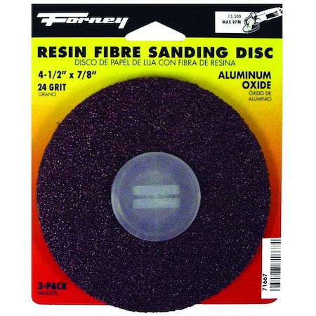 Forney Sanding Disc, 4-1/2in Dia, 7/8in Arbor, Coated, 24 Grit, Extra Coarse, Aluminum Oxide Abrasive, 3PK 71667