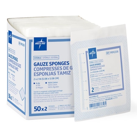 Medline Woven Sterile Gauze Sponges, 8-Ply, 2in x 2in, 2/Pack, 3000PK PRM2208