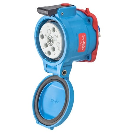 Meltric DS30 RECEPTACLE POLY BLUE SIZE 3 TYPE 3R 3P+G 30 A 480 VAC 60 Hz +2 AUX SELF-RETURNING LID 33-34043-972-NC