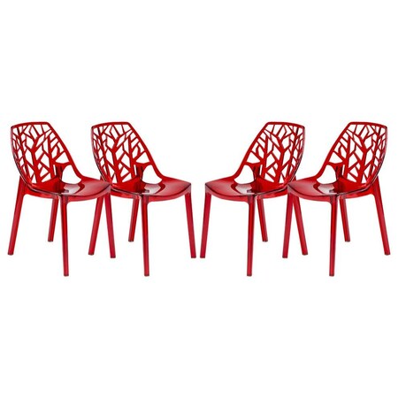 Leisuremod Cornelia Modern Stackable Dining Chair with Cut-Out Tree Design, Transparent Red, 4PK C18TR4