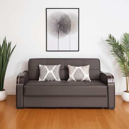 Homeroots 74" Brown Faux Leather Convertible Futon Sleeper Sofa And Toss Pillows With Storage 607183