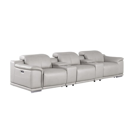 Homeroots 134" Light Gray Top Grain Leather Reclining USB Sofa And Storage 643717