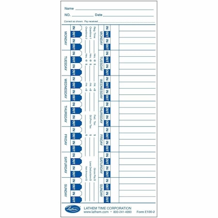 Lathem E100 Universal Time Card White 100 per Pack E100