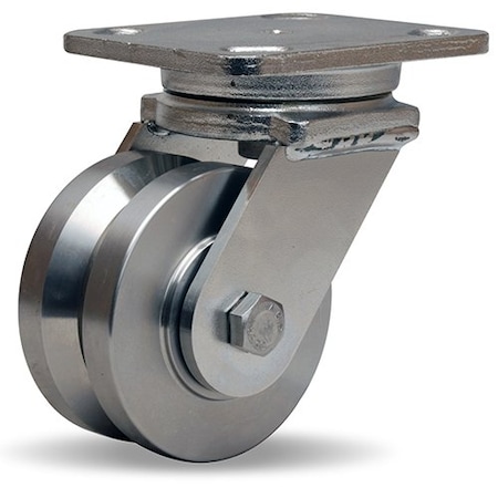 Hamilton Stainless Steel Workhorse Swivel Caster, 4" x 2" Stainless Steel V-Grooved Wheel, 3/4" Delrin Bearing S-WHS-4SVZ