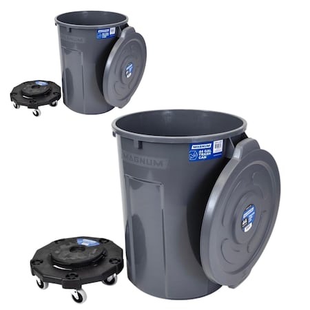 Magnum Tool Gray 44 Gallon Trash Can Set, Trash Can, Quiet Dolly, and Reinforced Lid, 2 Set CMTC-CLD0-44G02