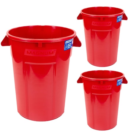 Magnum Tool 32 Gallon Trash Can, High-Vis Red, Construction Grade, Heavy Duty Plastic (3 Pack) CMTC-C000-32R03