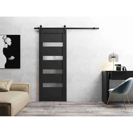 Sartodoors Sturdy Barn Door 18 x 80in, Matte Black Frosted Glass, 6.6FT Rail Hangers Heavy Hardware Set QUADRO4113BD-B-BLK-18