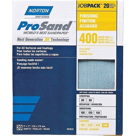 Norton Co ProSand 07660768165 Sanding Sheet, 11 in L, 9 in W, Super Fine, 400 Grit, Aluminum Oxide Abrasive 2632
