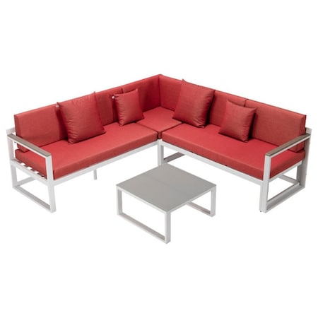 Leisuremod Chelsea White Sectional With Adjustable Headrest & Coffee Table With Red Cushions CSLW-80R