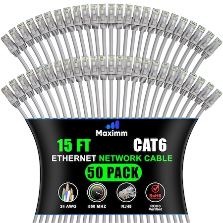 Maximm Cat6 Ethernet Cable 15ft 10Gbps 550MHz UTP, 50PK, Gray, 50PK CAT6CCA-15GR-50PK