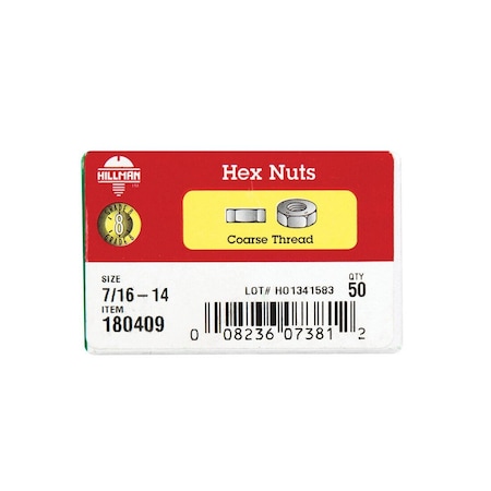 Hillman Hex Nut 7/16 in Zinc Dichromate Steel USS Zinc Dichromate 180409