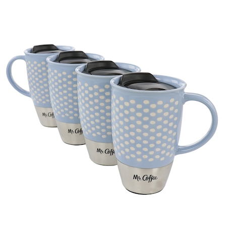 Mr. Coffee Coupleton Dot 4 Piece 15 Oz Stoneware and Stainless Steel Travel Mug Set with Lid in Blue 138933.01