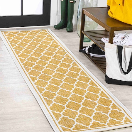Jonathan Y Trebol Moroccan Trellis Textured Weave Yellow/Cream 2 ft. x 10 ft. Indoor/Outdoor Runner Rug SMB109F-210