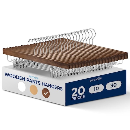 Serenelife Skirt and Pant Hanger with Adjustable Non-Slip Steel Clips, Premium Wooden, 360 degrees, 20PK SLWPHBR20