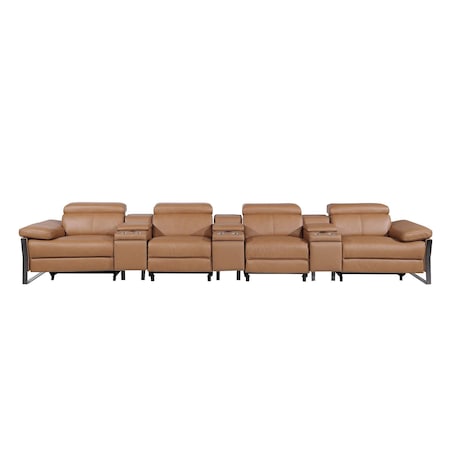 Homeroots 169" Chestnut Top Grain Leather Reclining Metal USB Sofa 720353