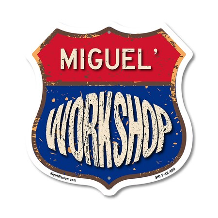 Signmission Miguel's Workshop, 12 Inch X 12 Inch, Plastic Sign SHI-P-12-489-MIGUEL