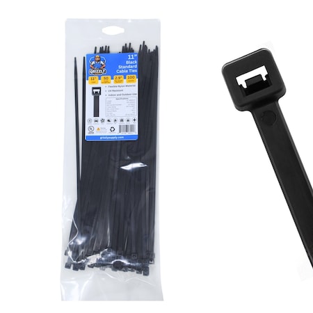 Grizzly Supply Cable Tie, 11 in L, 50 lb Strength, 3.2 in Max Bundle Dia, Nylon 6/6, UV Resistant, Black, 100PK GS-S11-50-0C