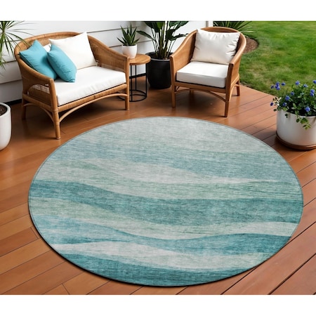 Homeroots 8' Teal Blue And Aqua Round Abstract Washable Indoor Outdoor Area Rug 604991