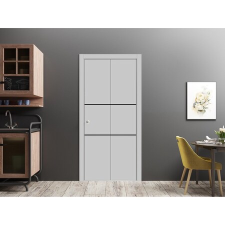 Sartodoors Sliding Closet Bi-fold Doors, Planum 0014 Matte Grey and Aluminum Strips, Sturdy Tracks Moldings Tr PLANUM0014BF-GRE-36