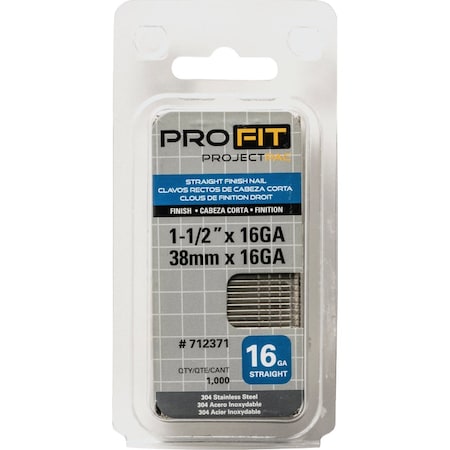 Pro-Fit 1-1/2'' 16 Gauge 304-Stainless Steel Straight Finish Nail, 1000 Ct. 712371