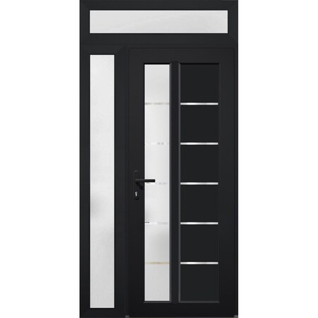 Vdomdoors Front Exterior Prehung FiberGlass Door Frosted Glass / Manux 8088 Matte Black / Sidelight and Trans MANUX8088EXD-BLK-W36+16 x H80+14-RH