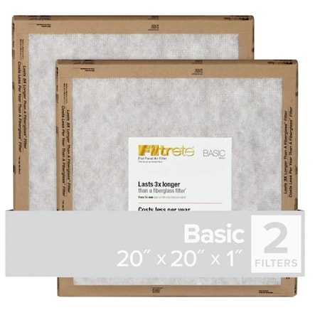 Filtrete Air Filter, 20 in L, 20 in W, 2 MERV, For: Air Conditioner, Furnace and HVAC System FPL02-2PK-24