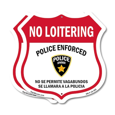 Signmission Bilingual No Loitering Shield Sign Polic, 18 inch X 18 inch, Plastic Sign, 2PK SHI-P-2PACK-18-365