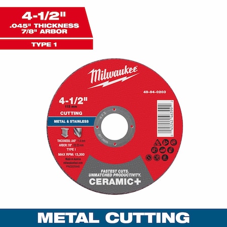 Milwaukee Tool Cut-Off Wheel, 7/8" Sz, 4 1/2" dia. 49-94-0203