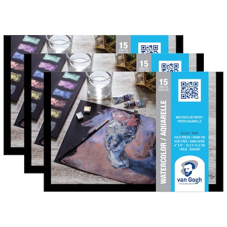 Van Gogh Watercolor Paper Pad, 140lbs, Black, Cold Press, 4'' x 6'', 15 Sheets, 3PK 94178011