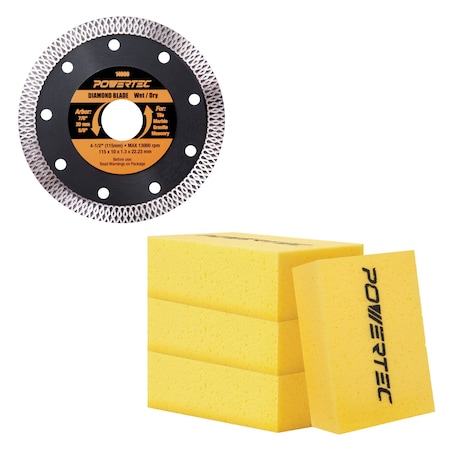 Powertec 4-1/2in Diamond Saw Blade for Angle Grinder 1pk Turbo Mesh Rim Blade 4pk Large Square Grout Sponge 14031N