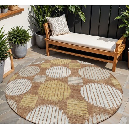 Homeroots 8' Brown Beige And Ivory Round Geometric Washable Indoor Outdoor Area Rug 593620