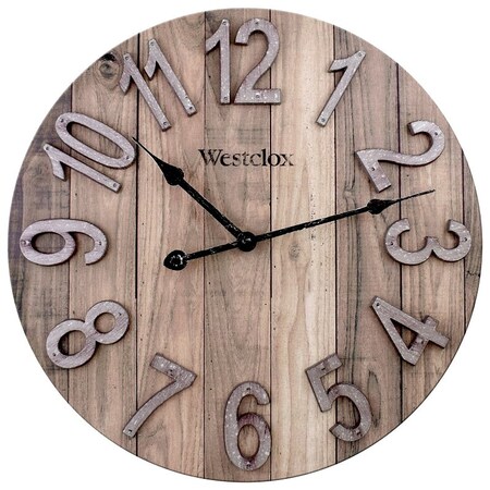Westclox Clock, 15-1/2 in Dia, Round, Brown Frame, Wood Clock Face, Analog 38070