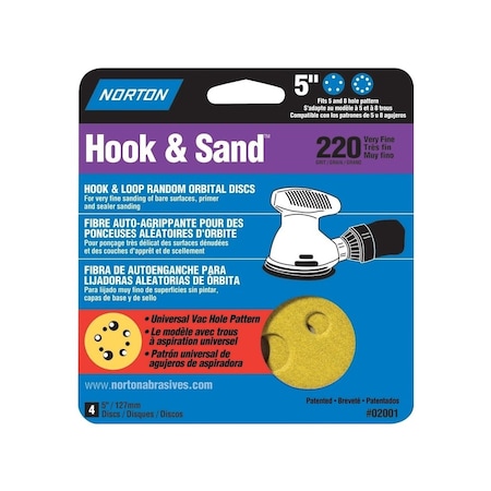 Norton Co Sanding Disc, 5 in Dia, Coated, P220 Grit, Very Fine, Aluminum Oxide Abrasive, 4PK 02001