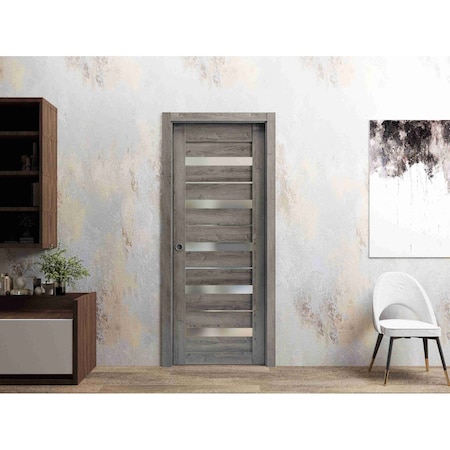 Sartodoors Slab Barn Door Panel 24 x 80in, Nebraska Grey W/ Frosted Glass, Pocket Closet Sliding QUADRO4445S-NEB-24