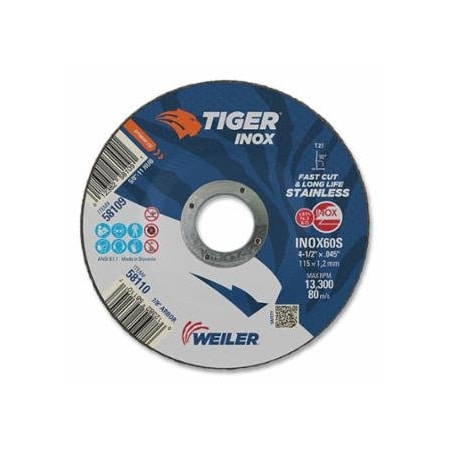 Weiler Tiger Inox Grinding Wheel, 4-1/2 in x .045 in, 7/8 AH, 25PK 804-58110