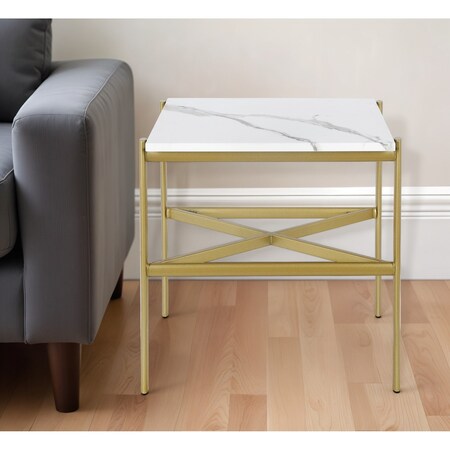 Homeroots 22" Gold And White Faux Marble And Steel End Table 544219