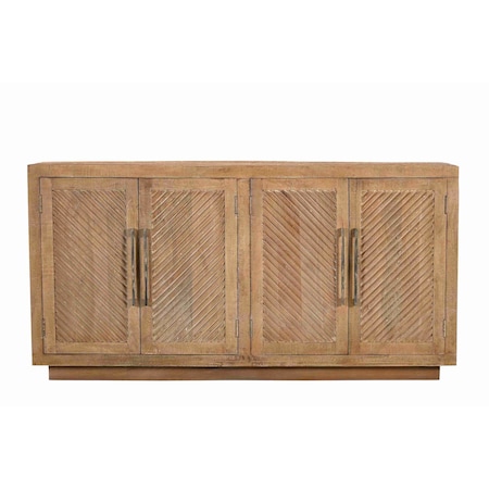 Homeroots 72in Natural Distressed Solid Wood Carved Geometric Sideboard with Four Doors 634317
