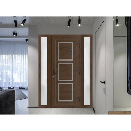 Vdomdoors Front Exterior Prehung Metal-Plastic Door, Manux 8661 Walnut, 2 Side Sidelite Transoms, Office Comm MANUX8661EXD-WLN-W12+36+12xH80-LH