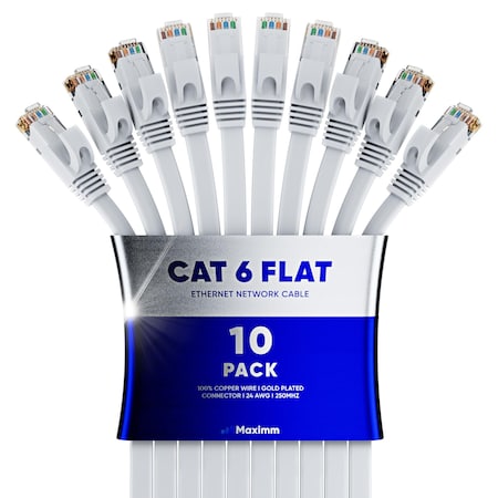 Maximm Cat6 Flat Ethernet Cable 30ft, 10PK, White, 10PK CAT6F-30FTWHITE10PK
