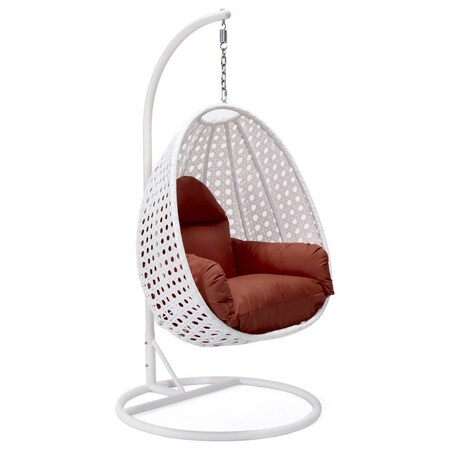 Leisuremod White Wicker Hanging Egg Swing Chair with Cherry Cushions ESCW-40CHR