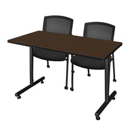 Regency Kobe T-Base Training Seminar Table W/ 2 Knight Mesh Chairs, 48 in W, 24 in L, Neo Walnut MKTRCT4824NW56CBK
