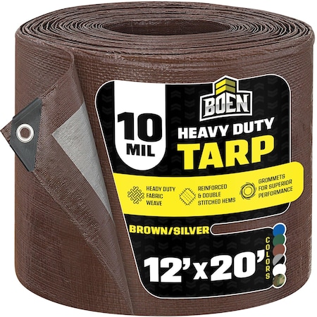 Heavy Duty Tarp, 12 ft x 20 ft, 10 Mil, Brown, Polyethylene
