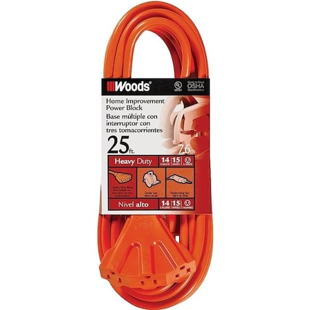 Southwire Extension Cord, 14 AWG, Outdoor, 3 Outlets, Orange, Vinyl, 25 ft 825